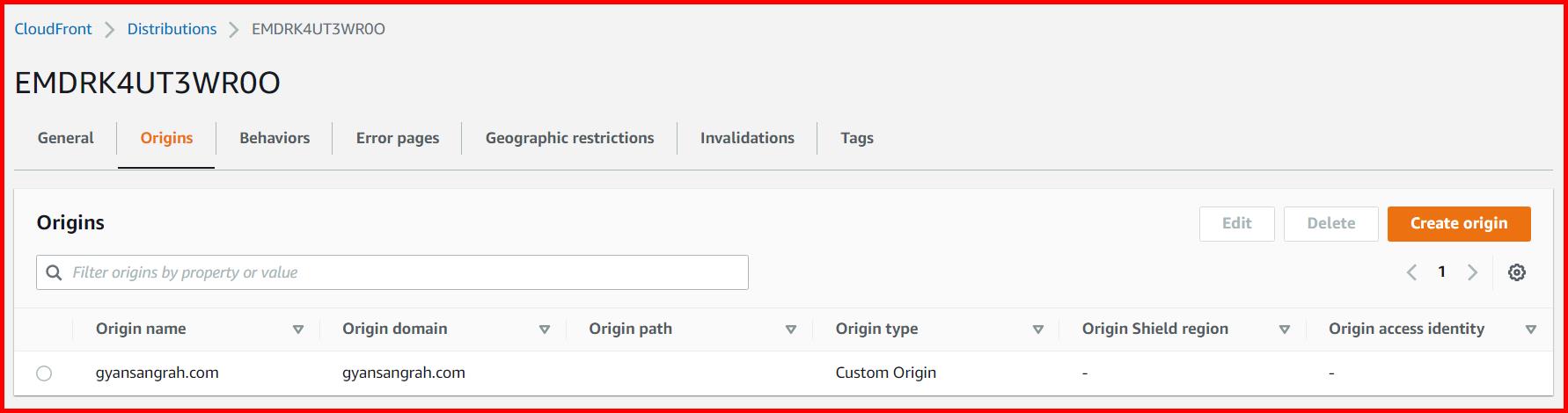 Picture showing the Origins tab inside the cloudfront service